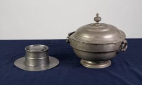 LATE 18th CENTURY/EARLY 19th CENTURY CONTINENTAL PEWTER COVERED BOWL, with swing carrying handles,