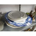 COPELAND SPODE LARGE MEAT DISH, DECORATED WITH FRUIT, FLOWERS AND INSECTS; A LARGE BLUE AND WHITE