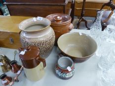 BROWN WARE BREAD BIN AND COVER, BROWN GLAZED MIXING BOWL, BROWN WARE COFFEE POT, A LARGE FAWN