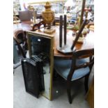 A SMALL HARDWOOD MILKING STOOL; A FOUR-FOLD SPARK GUARD AND A GILT FRAMED ROBING MIRROR (3)