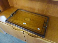 AN EDWARDIAN SATINWOOD OBLONG TRAY, WITH CIRCULAR MARQUETRY FAN INLAY AND INLAY BAND, GALLERY