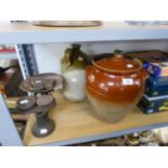 CAST IRON KITCHEN BALANCE SCALES AND WEIGHTS, BROWN WARE LARGE FLAGON AND BREAD CROCK AND COVER  (3)