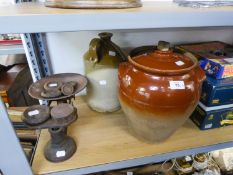 CAST IRON KITCHEN BALANCE SCALES AND WEIGHTS, BROWN WARE LARGE FLAGON AND BREAD CROCK AND COVER  (3)