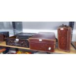TWO BROWN LEATHER SUITCASES AND ANOTHER SUITCASE AND AN OAK DRAWER WITH CARVED MASK HEAD HANDLES