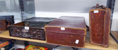 TWO BROWN LEATHER SUITCASES AND ANOTHER SUITCASE AND AN OAK DRAWER WITH CARVED MASK HEAD HANDLES