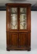 GEORGE III MAHOGANY CROSSBANDED OAK FLAT FRONTED TWO PART LARGE CORNER CUPBOARD, the upper section