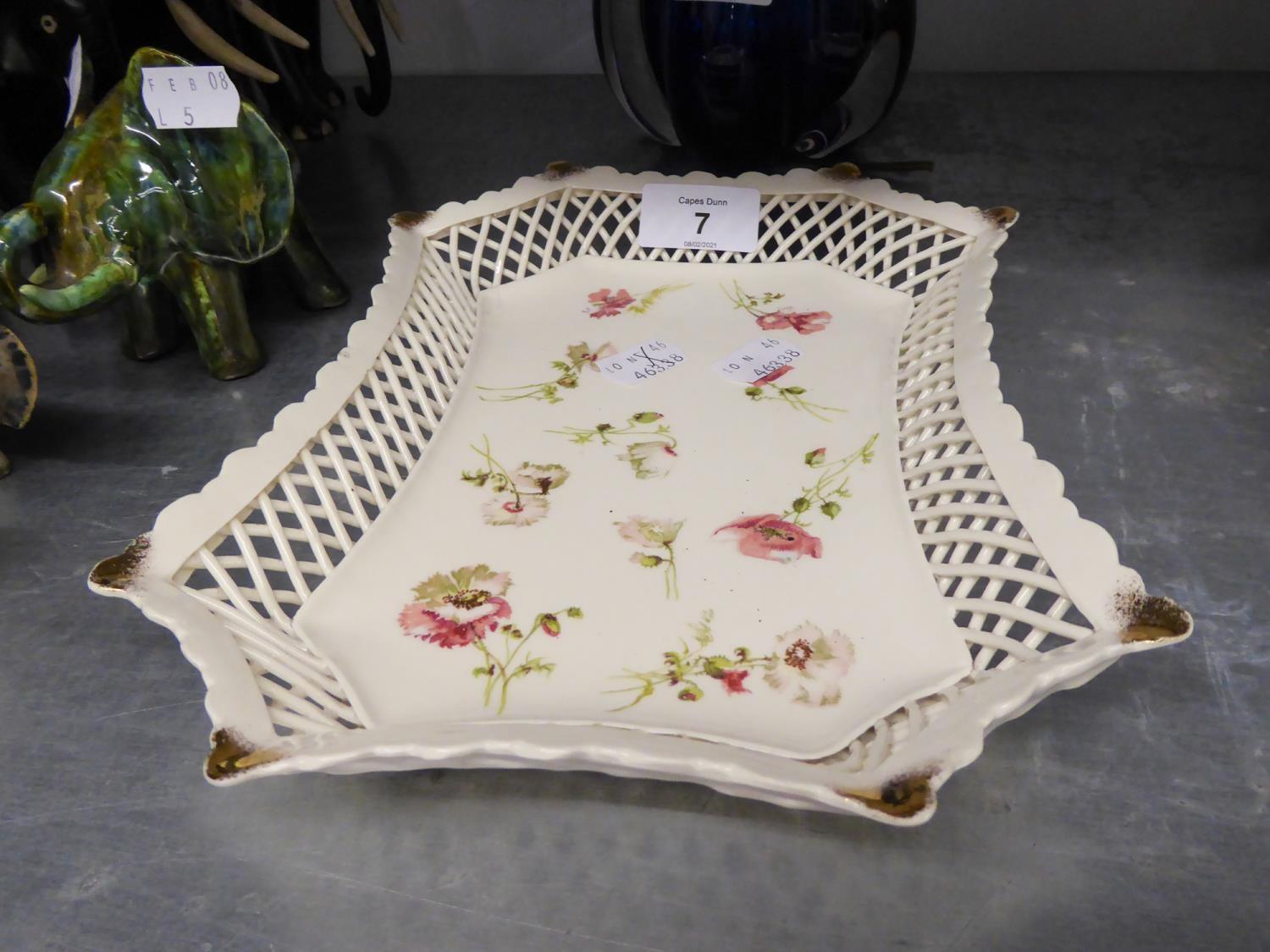 CONTINENTAL PORCELAIN OBLONG DISH WIH CANTED CORNERS, TRELLIS PIERCED SIDES, DECORATED WITH