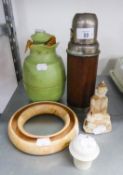 ANTIQUE THERMOS FLASK, HAVING LEATER CLADDING, ART DECO GREEN THERMOS 'LONDON' STONE CARVED