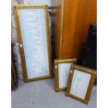 THREE GILT FRAMED REPRODUCTION PRINTS AFTER CLASSICAL WHITE BAS-RELIEFS ON MARBLED BLUE GROUNDS (3)