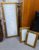 THREE GILT FRAMED REPRODUCTION PRINTS AFTER CLASSICAL WHITE BAS-RELIEFS ON MARBLED BLUE GROUNDS (3)