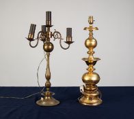 DUTCH STYLE GILT METAL FOUR LIGHT TABLE LAMP with three S scroll branches, slender baluster column