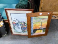 R.T. KELSALL (TWENTIETH CENTURY)WATERCOLOUR DRAWING Moored narrowboats beside The Old Broken Cross