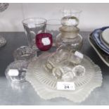 AN ANTIQUE GLASS RUMMER WITH CUSHION KNOPPED, WAISTED STEM; A SET OF FOUR OLD THUMB CUT GLASS TOTS