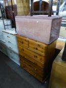 A PINE CHEST OF TWO SHORT AND FOUR LONG DRAWERS AND A FABRIC COVERED BEDDING BOX (2)