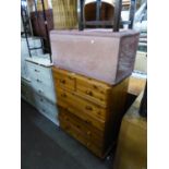 A PINE CHEST OF TWO SHORT AND FOUR LONG DRAWERS AND A FABRIC COVERED BEDDING BOX (2)