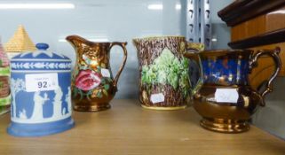 MAJOLICA POTTERY JUG, moulded with oak leaves, 5 ½? high, TWO COPPER LUSTRE JUGS, and a WEDGWOOD ?