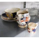 FOUR PIECES OF VICTORIAN 'GAUDY' POTTERY, DECORATED IN IMARI PALETTE, VIZ A PLAQUE, BOWL, JUG AND