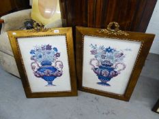 PAIR OF MODERN GILT FRAMED PRINTED IMAGES BENEATH CRAZED SURFACES, OF FLOWER-FILLED CLASSICAL