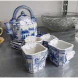 ORIENTAL BLUE AND WHITE CHINA SAKE SET, VIZ TEAPOT, 4 CUPS AND A TRAY (6)