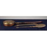 A TWENTIETH CENTURY PIERCED BRASS AND COPPER BED WARMING PAN, with turned wooden handle, A PIERCED