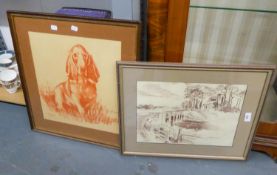 DAVID NOBLE RED CHALK DRAWING ON BUFF COLOURED PAPER Dog portrait-seated basset 15 ½? x 15? J.I.