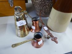 TWO SMALL COPPER CONICAL MEASURES WITH BRASS STRAIGHT HANDLES, EMBOSSED BRASS BELL AND AN AFRICAN