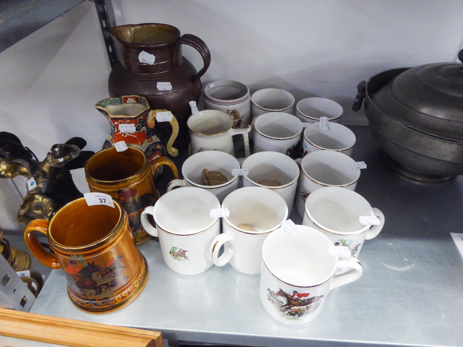 A NINETEENTH CENTURY FENTON STONEWARE JUG (A.F.), A LARGE BROWN STONEWARE JUG AND A SELECTION OF '