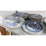 *A GOOD SELECTION OF BLUE AND WHITE PLATES, TO INCLUDE; 5 MEAT PLATES AND 10 RACK PLATES (15)