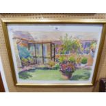 MARY MAC (Modern) WATERCOLOUR DRAWING, GARDEN STUDY WITH HOUSE PORCH, SIGNED AND DATED (19)95