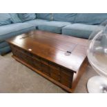A  LAURA ASHLEY 'GARRAT' DARKWOOD APOTHECARY COFFEE TABLE, HAVING TWELVE SMALL DRAWERS AND LIFT-UP