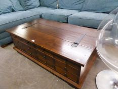 A  LAURA ASHLEY 'GARRAT' DARKWOOD APOTHECARY COFFEE TABLE, HAVING TWELVE SMALL DRAWERS AND LIFT-UP