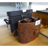 A PAIR OF VINTAGE PRISM BINOCULARS, IN LEATHER CASE, A PAIR OF 8 x 30 BOOTS BINOCULARS, IN CASE