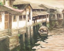 FAR EASTERN SCHOOL (Contemporary) OIL PAINTING ON CANVAS River or lakeside houses with figures in