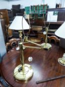 PAIR OF GOOD QUALITY TABLE LAMPS ON CIRCULAR BASES AND SWING ARM TO THE TOP (NO SHADES) (43cm HIGH)