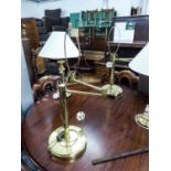 PAIR OF GOOD QUALITY TABLE LAMPS ON CIRCULAR BASES AND SWING ARM TO THE TOP (NO SHADES) (43cm HIGH)