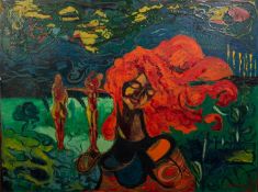 SHAHROUSKY? (MODERN) OIL ON CANVAS Semi abstract, figures in a landscape Signed29 ½? x 39? (75cm x