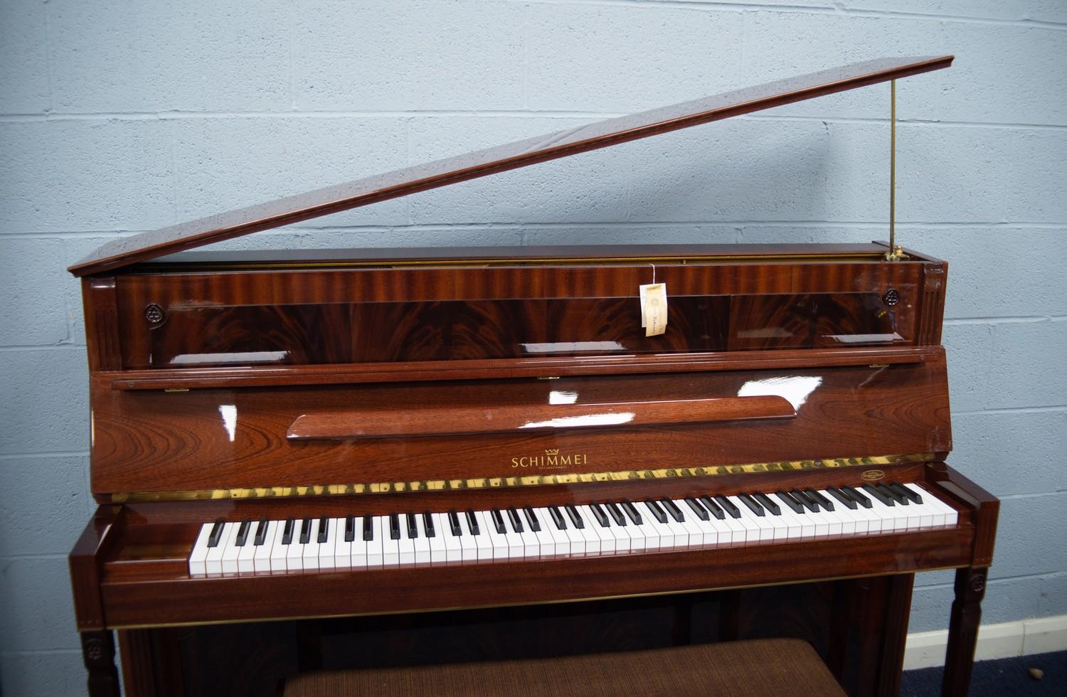 SCHIMMEL 'EMPIRE' MODEL GERMAN UPRIGHT PIANOFORTE, in high gloss figured mahogany rectilinear - Image 8 of 9