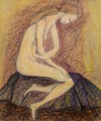 GOLDA ROSE (1921-2016) MIXED MEDIA ON BOARD Naked female figure kneeling Unsigned and untitled 12 ½?