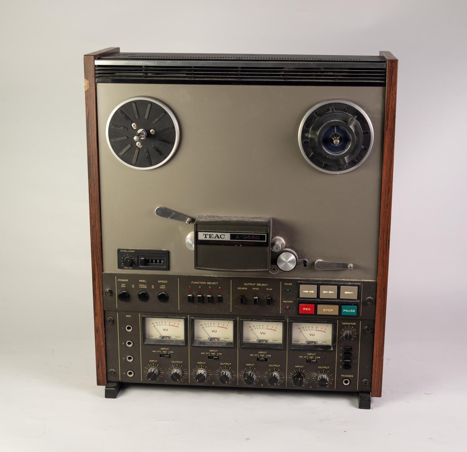 TEAC A-3440, FOUR TRACK/FOUR CHANNEL, SIMUL-SYNC, REEL TO REEL TAPE DECK, serial no 31410, made in