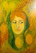 GOLDA ROSE (1921-2016) MIXED MEDIA ON CANVAS ?Woman with Golden Glyph?, 1971 Signed, titled and