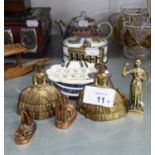 TWO BRASS CRINOLINE FIGURE TABLE BELLS AND EIGHT MINOR SOUVENIR ORNAMENTS; ASTBURY CHINA POMADE