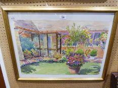 MARY MAC (Modern) WATERCOLOUR DRAWING, GARDEN STUDY WITH HOUSE PORCH, SIGNED AND DATED (19)95