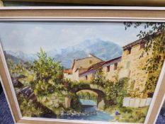 IVY NISH, OIL ON BOARD, CONTINENTAL RIVER SCENE WITH STONE BRIDGE AND VILLAGE, 13 ½? X 17 ½? and