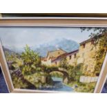 IVY NISH, OIL ON BOARD, CONTINENTAL RIVER SCENE WITH STONE BRIDGE AND VILLAGE, 13 ½? X 17 ½? and
