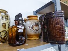 A WEST GERMAN 'RUMTOFF' CROCK, WITH TWO HANDLES, A CUBE SHAPED BROWN GLASS DIMPLE BOTTLE, A