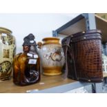 A WEST GERMAN 'RUMTOFF' CROCK, WITH TWO HANDLES, A CUBE SHAPED BROWN GLASS DIMPLE BOTTLE, A