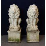 A PAIR OF RECONSTITUTED STONE TRAFALGAR LIONS, ON PLINTH BASES (A.F.) (overall 84cm high)