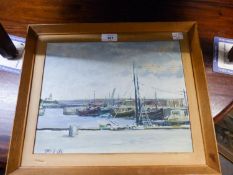 TERENCE McARDLE, POST WAR OIL PAINTING ON PANEL FISHING BOATS IN A HARBOR10" X 12 1/2" (25.5cm x