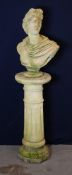 A CLASSICAL CONCRETE MALE BUST, ON A COLUMN STYLE PEDESTAL (overall 125cm high)