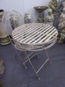 AN IRON SINGLE CHAIR AND CIRCULAR TOP BISTRO TABLE SET